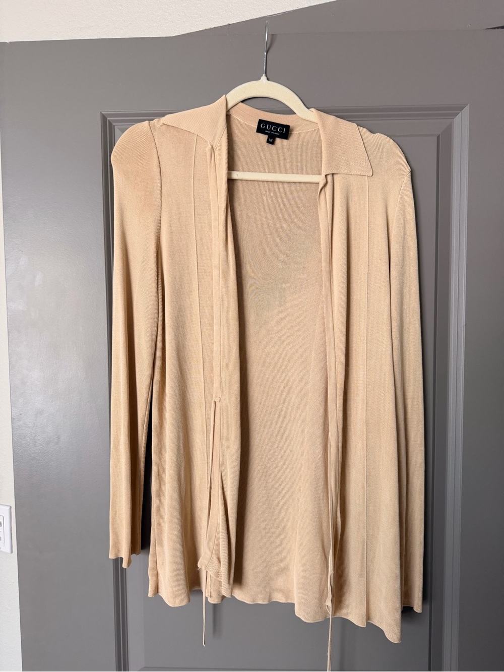 Vintage Gucci Beige Knit Tie Front Long Cardigan Size M Made in Italy